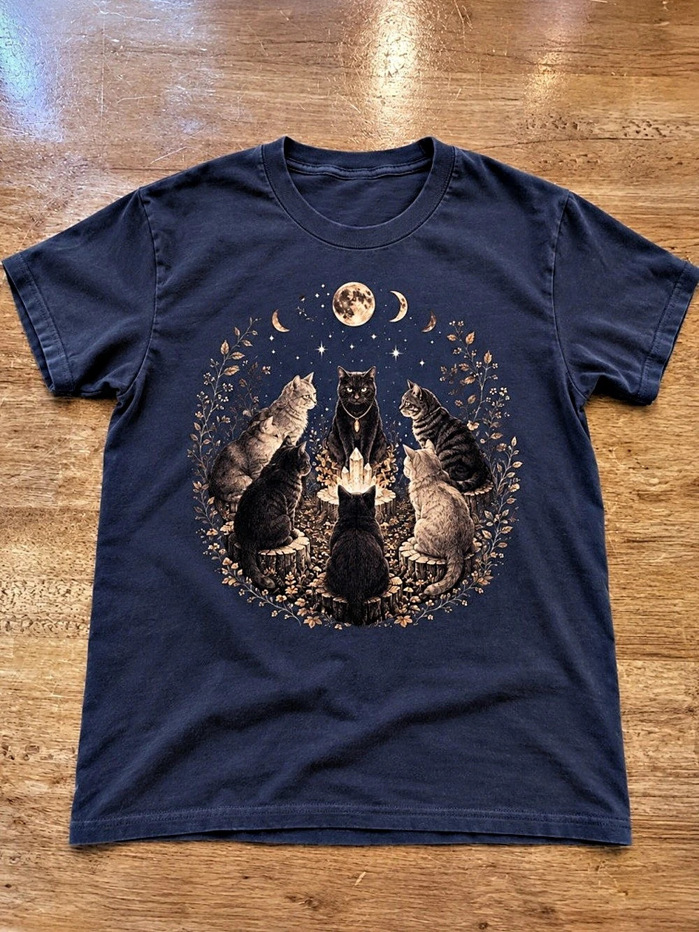 Mystical Cat Coven Witchy Moon Phase Graphic Navy T-Shirt